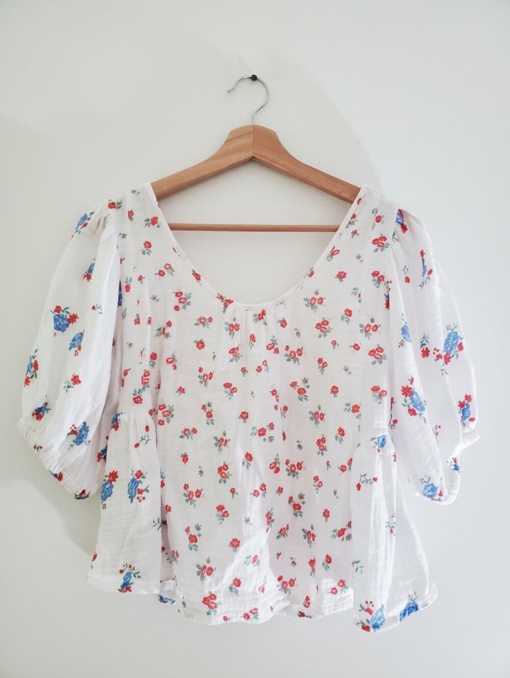 White Blouse with Red and Blue Floral Print